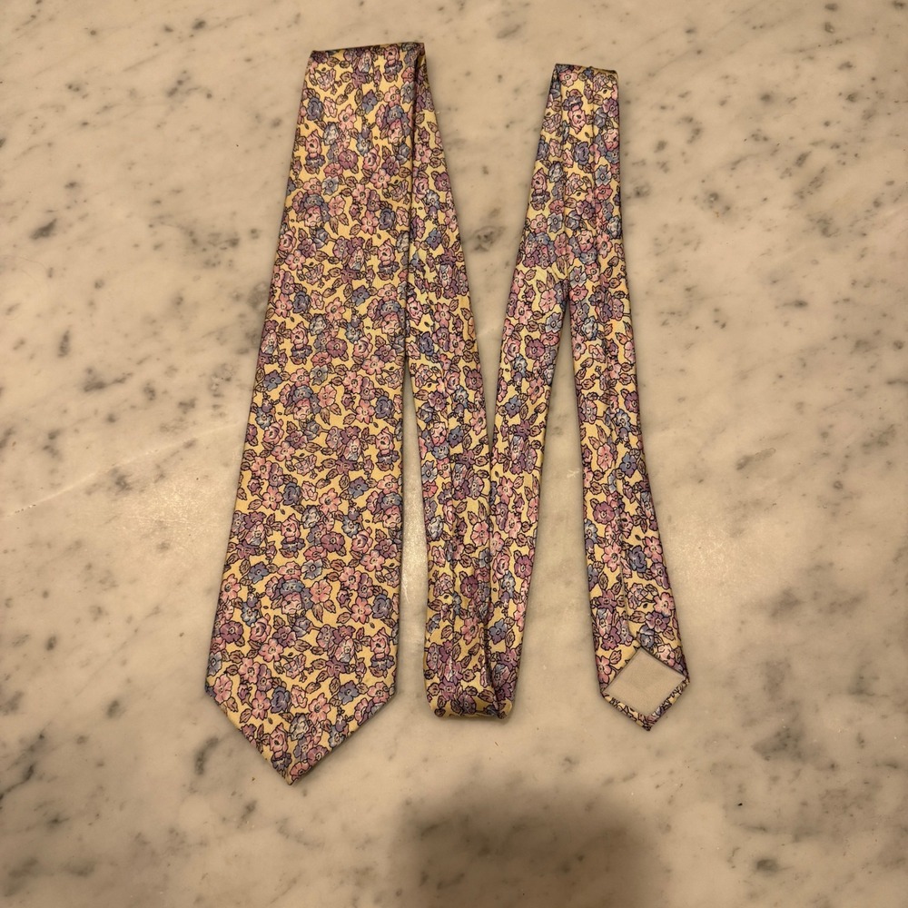 Hardy Amies London Mens Silk Tie Yellow Pink Purple Floral Savile Row Designer